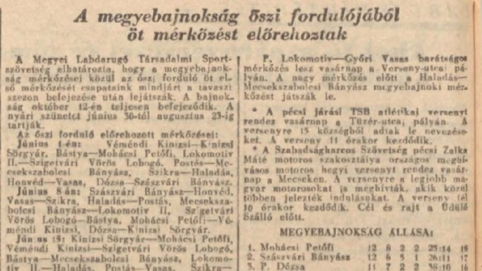 A Baranya vármegyei I. osztályú labdarúgás bemutatása - 1952